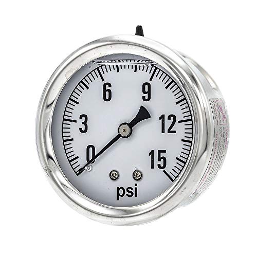 PIC Gauges AG-202L-254B 0-15 PSI Pressure Gauge, 2 1/2"" Dial, 1/4"" Male NPT Connection, Center Back Mount, Single Scale, Glycerin Filled, Stainless Steel Case/Bezel, Brass Internals & Plastic Lens"