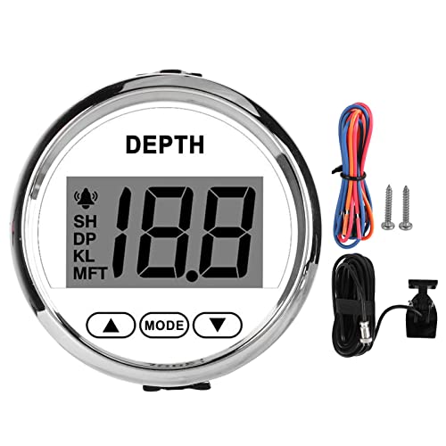 Srum Digital Depth Sounder, 2'' in Dash Depth Finder Transducer with White Backlight, DC 12V Waterproof Marine Depth Gauge 0-100m/0-328FT for Yachts Boats