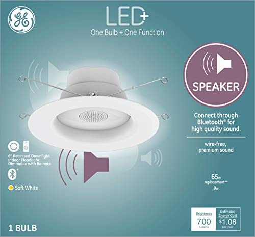 GE Lighting LED+ Speaker Recessed Downlight Fixture, 6-Inches, Soft White, Bluetooth Speaker, Remote Included (1 Pack)