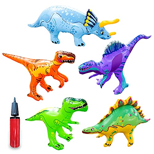 Inflatable Dinosaur Toys Set with Pump - Jurassic Dinosaur Playset with T-Rex, Triceratops, Spinosaurus, Stegosaurus - Indoor & Outdoor Kids Dinosaur Balloon Gift, Perfect for Birthday & Pool Parties