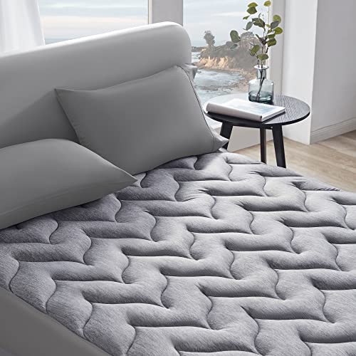 Instant Cooling Mattress Topper Queen Size for Hot Sleepers, Quilted Fluffy Mattress Pad Cover with Cool-to-The Touch Jersey Surface, Machine Wash Durable, Deep Pocket 8-21 inch (Grey, Queen)