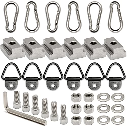 Bed Deck Rails Stainless Cleat T Slot Nuts Fits Screws with 6PCS 3/8-16 Thread,3/8-16 x 1 Hex Head Bolts,Tie Down Anchors Rings Trailers Hook Cargo Bolt and Carabiner Clip for Toyota Tundra & Tacoma