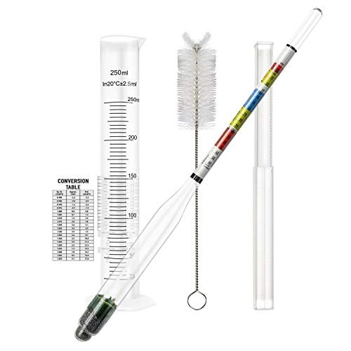 Hydrometer and Test Jar for Wine, Beer and Kombucha - Including 250ml Plastic Cylinder, Cleaning Brush and ABV Storage Bag