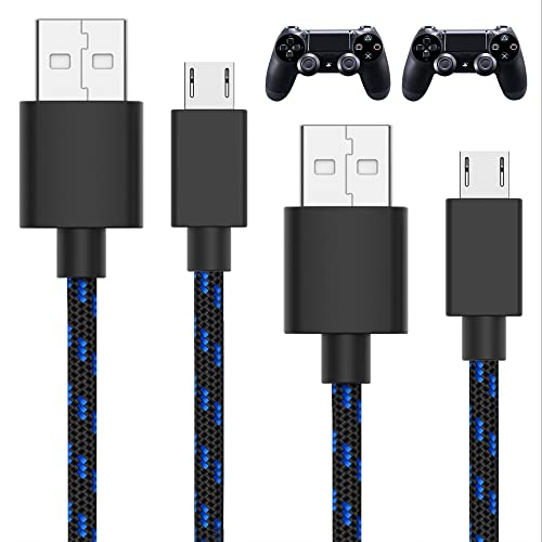 TALK WORKS Long Controller Charging Cable for Playstation 4-10-Foot Long Braided Micro USB Cord Charger Cord for PS4 Controller - Blue-Black, 2 Pack