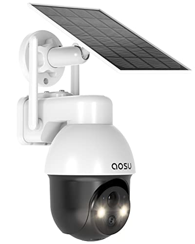 AOSU Solar Security Camera Wireless Outdoor with Panoramic PTZ, Human Auto Tracking, 2K Night Vision, Light and Sound Alarm, 2-Way Audio, Compatible with Alexa/Google Assistant for Home Surveillance