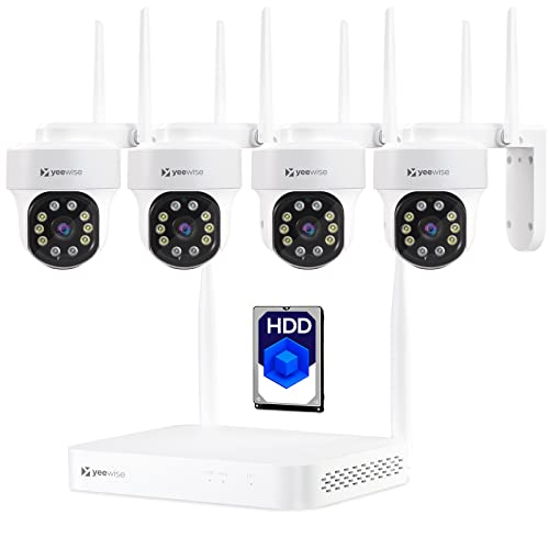 [Auto Tracking] Yeewise Wireless Pan Tilt PTZ Security Camera System, Plug-in Wi-Fi System, 10CH 4K 8MP NVR with 4pcs Rotating Cameras, Color Night Vision, 24/7 Recording