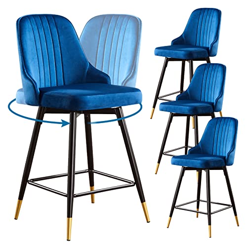 WISOICE Swivel Bar Stools Set of 4 Counter Height Barstools with Back and Footrest Modern Kitchen Tall Velvet Bar Stool Chairs for Island Blue