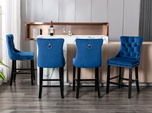 Rhomtree Velvet Bar Stools Modern Upholstered Bar Chairs 27'' Seat Height with Button Tufted Solid Wood Legs Counter Stools for Home Bar Dining Room Kitchen (Blue, Set of 4)