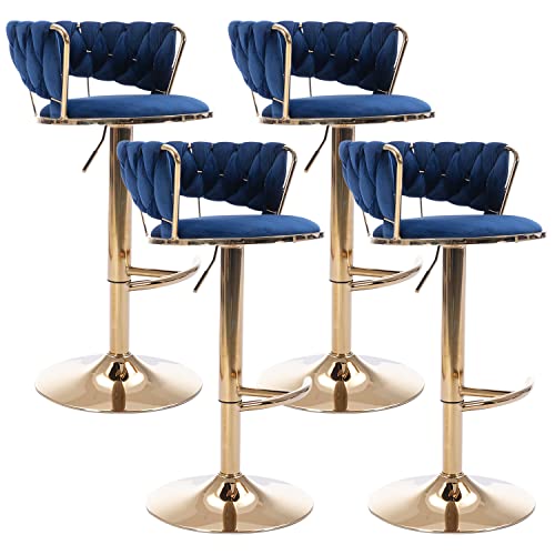 Kiztir 360 Velvet Swivel Bar Stools Set of 4, Adjustable Counter Height Bar Chairs with Woven Back & Footrest, Luxury Gold Bar Stools for Kitchen Island, Cafe, Pub (Blue)