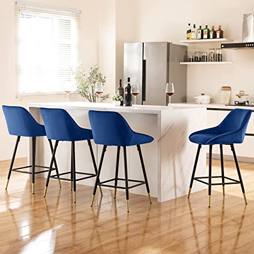 Counter Height Bar stools Set of 4,Velvet Bar Chairs Modern Premium Upholstered Kitchen Island stools with Metal Foot for Kitchen,Cafe Dinner,Pub(Blue,Set of 4)