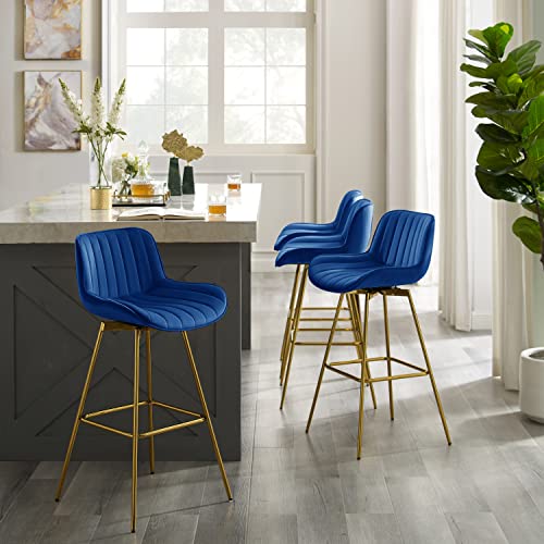 Zouron Swivel Bar Stools Set of 4 for Kitchen, 29" Counter Height Bar Chairs with Back Tall Barstools Velvet Kitchen Island Stools with Gold-Plated Metal Legs, Blue