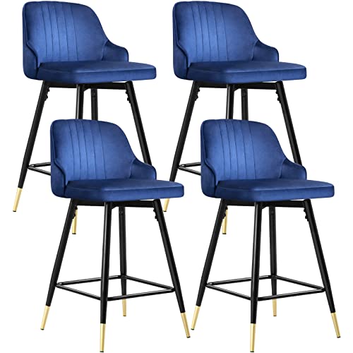 25" Swivel Counter Height Bar Stools Set of 4, Velvet Bar Stool with Low Back and Footrest, Modern Armless Kitchen Counter Barstools, Upholstered Island Stools, Easy Assembly, 4 Bar Chairs,Blue
