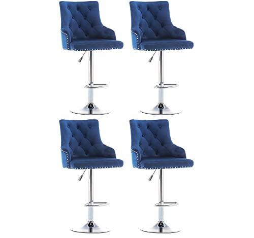 Bar Stool Set of 4 Velvet Adjustable with Tufted Backrest, Counter Height Swivel Stool Upholstered Modern Barstool Chair Chrome Base for Kitchen, Home Bar, Dining Room, (Blue*2)