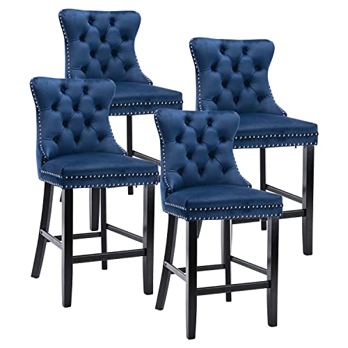Kiztir Velvet Modern Bar Chairs Set of 4, 27" Counter Height Bar Stools with Button Decor, Nailhead Trim, Solid Wooden Legs, Blue Upholstered Bar Stools for Kitchen, Cafe, Pub