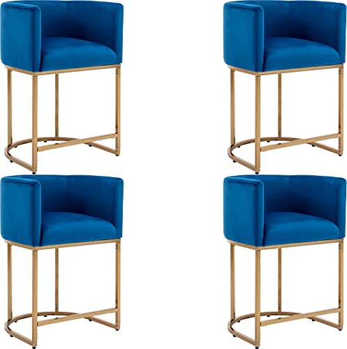 Wahson Set of 4 Velvet Upholstered Bucket Counter Height Stool, 24'' H Mid Century Modern Fabric Bar Stool, with Golden Metal Frame, Royal Blue