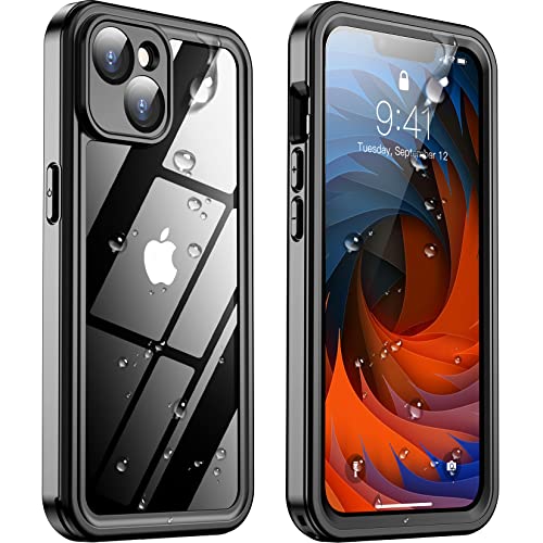 Temdan for iPhone 14 Case Waterproof, Built-in 9H Tempered Glass Screen Protector[14FT Military Dropproof][IP68 Underwater][Dustproof][Real 360] Full Body Shockproof Protective Phone Case-Black/Clear