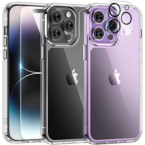 TAURI 5 in 1 Designed for iPhone 14 Pro Case Clear, [Not Yellowing] with 2X Screen Protectors + 2X Camera Lens Protectors, [Military Grade Drop Protection] Shockproof Slim Phone Case for 14 Pro