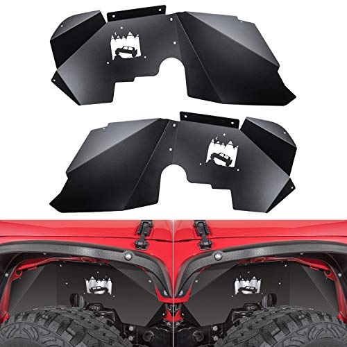 Sunluway Front Inner Fender Liners Fit for Jeep Wrangler 2007-2018 JK JKU 4WD Off-Road Logo Aluminum Lightweight Design Black Splash Guards