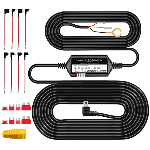 AZDOME 3-Lead Acc Hardwire Kit Mini-USB Port for M550 Dash Cam, 12ft with Fuse Kit, for Dash Camera 24H Parking Monitor Mode, Converts 12V-24V to Output 5V/2.5A Max, Low Voltage Protection