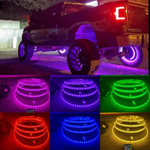 Sando Tech 4PCS 17.5 RGB Changing Double Row LED Wheel Rim Light for Truck Offroad w/Braking Functionand LED Wheel Well Ring Lights Multi-Colors Tire Lights Bluetooth APP Ctrl
