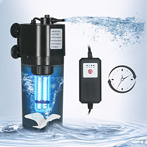 TARARIUM Aquarium Filter w/Cycle Timer U-V Light for 10-40 Gal. Fish Tank, Swirl Turbo Design Quiet 4 in 1 Water Pump Air Pump Green Clean Machine Submersible Internal Algal Killing (5W U-V 12W Pump)