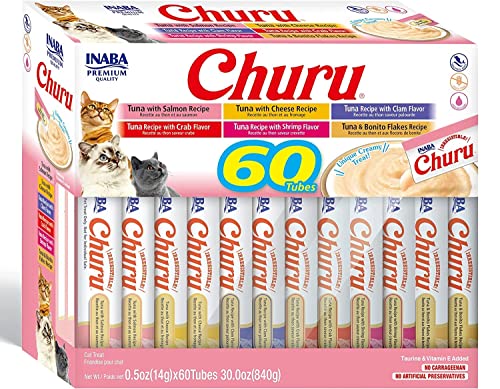 INABA Churu Cat Treats, Grain-Free, Lickable, Squeezable Creamy Pure Cat Treat/Topper with Vitamin E & Taurine, 0.5 Ounces Each Tube, 60 Tubes, Tuna Variety Box