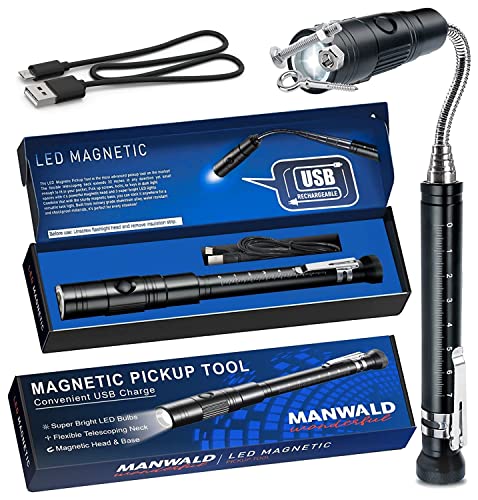 MANWALD Rechargeable Magnetic Pickup Tool, Telescoping Flexible LED Flashlights, Father's Day Gifts for Men, Perfect Magnet Pick-up Tools Gifts for Men Dad Women