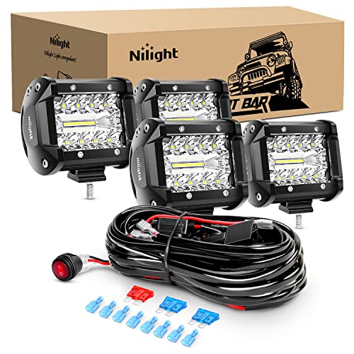 Nilight - ZH416 4PCS 4Inch 60W Triple Row Flood Spot Combo 6000LM LED Pods Light Bar Driving Boat Led Off Road Lights with 16AWG Wiring Harness-4 Leads