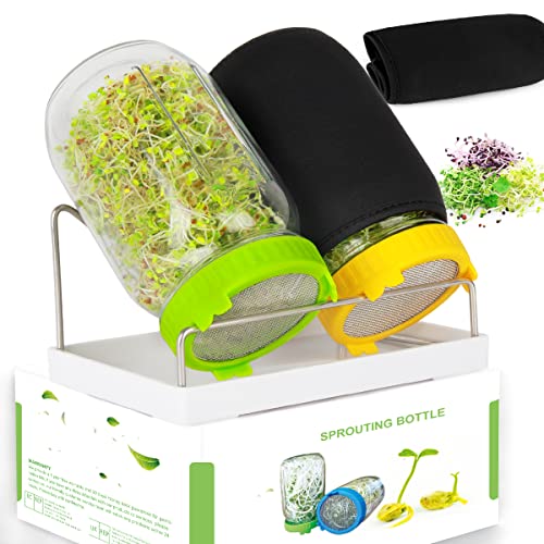 Seed Sprouting Kit, 2 Large Wide Mouth Mason Jars with Sprout Lids, Blackout Sleeves, Drain Tray, Stainless Steel Stand, Sprouts Growing Kit for Bean, Broccoli, Alfalfa