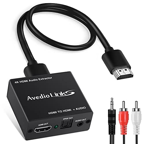 HDMI Audio Extractor 4K, avedio links HDMI Audio Splitter Converter, HDMI to HDMI Audio Adapter (3.5mm Aux Stereo + Optical Toslink SPDIF), HDMI Sound Extractor for PS5, Xbox (RCA Audio Cable Include)