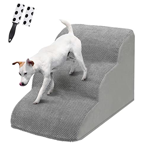 HAITRAL 3 Tiers Extra Wide Deep Dog Steps Pet Stairs,High Density Foam Dog Ladder Ramp for High Bed or Sofa,Non-Slip Dog Stairs for Small Short Leg Dogs,Older/Injured Pets,with Lint Roller 2 Refills
