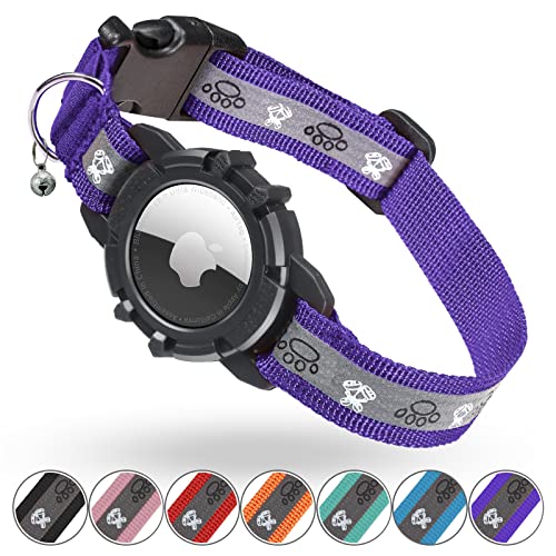 Reflective AirTag Cat Collar, FEEYAR Integrated GPS Cat Collar with Apple Air Tag Holder and Bell, Safety Elastic Band Tracker Cat Collars for Girl Boy Cats, Kittens and Puppies [Purple]