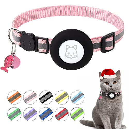 Airtag Cat Collar, Air tag Cat Collar with Bell and Safety Buckle in 3/8" Width, Reflective Collar with Waterproof Airtag Holder Compatible with Apple Airtag for Cat Dog Kitten Puppy (Pink)