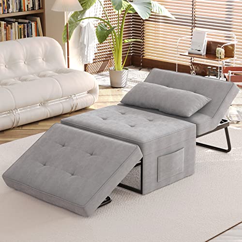 Iroomy Sofa Bed, Chair Bed,Sleeper Couch,4 in 1 Multi-Function Folding Ottoman Bed with Slide StoragePocket for Living Room,Bedroom,Hallway, Light Grey