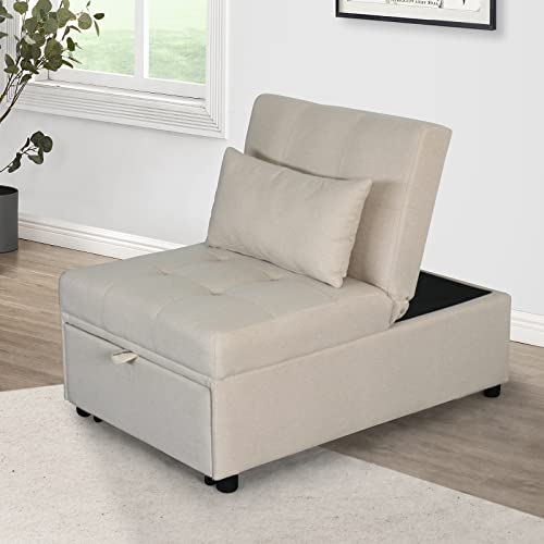 Convertible Chair Bed, Sleeper Chair Bed 4-in-1 Multi-Function Folding Ottoman Sofa Bed Chair with Adjustable Backrest, 264 Pounds Weight Capacity, Single Bed Chair for Small Space, Apartment (Beige)