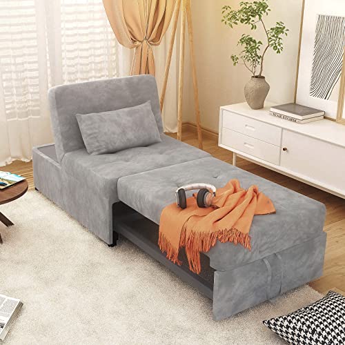 Convertible Chair Bed Sleeper, Velvet 4 in 1 Single Sofa Folding Chair with Pillow, Pull-Out Small Sleeper Couch Ottoman Bed Recliner with Adjustable Headrest for Living Room Apartment Office, Grey
