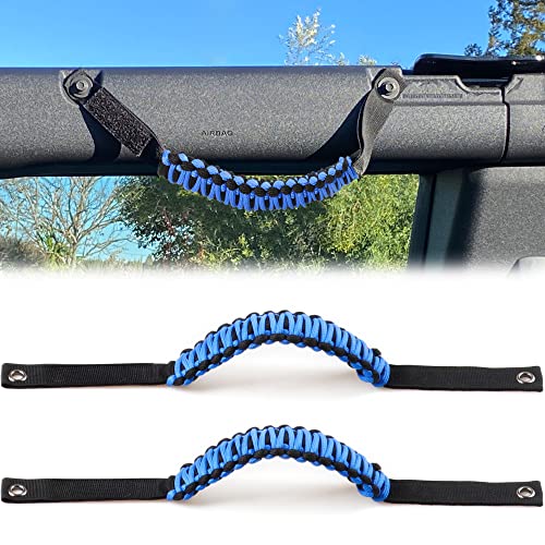 RERPRO Roll Bar Grab Handles for 2021 2022 Ford Bronco 2 Door 4 Door Accessories Paracord Grip Handle, 2 Pack Blue, with Blue Letter Embroidery