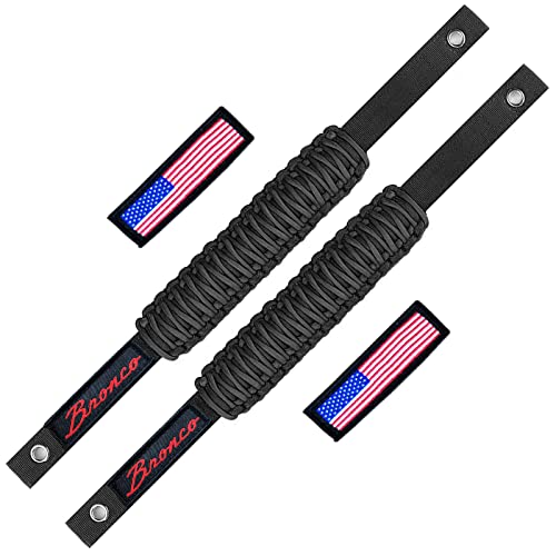 For Bronco Roll Bar Grab Handles - 2 Pack Paracord Grip Handle for Ford Bronco 2021 2022, Grab Handles Paracord with America Flag Bronco Logo for Ford Bronco 2 4 Door Interior Accessories, Black