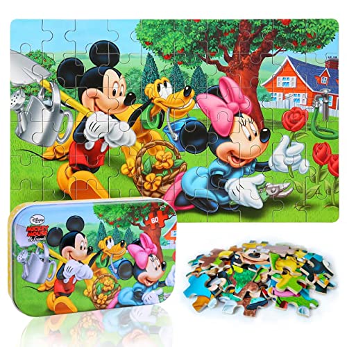 LELEMON Mickey Mouse Puzzles for Kids Ages 4-8,60 Piece Disney Puzzles for Kids Ages 3-5,Minnie Jigsaw Puzzles Kids Puzzles in a Metal Box,Educational Learning Puzzle Toys Gifts for Girls and Boys