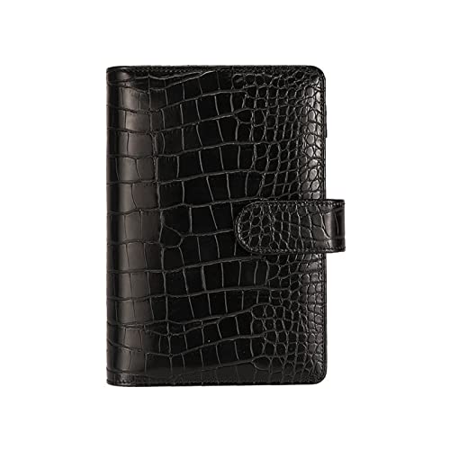 A6 6 Ring Budget Binder - Crocodile Pattern Leather Notebook Binder, Small Refillable Planner Cover with Magnetic Buckle, Black