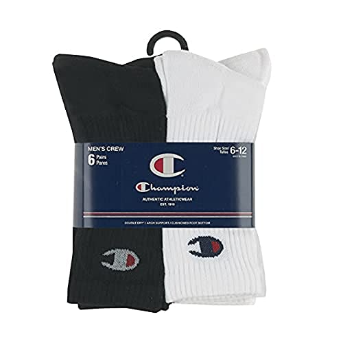 Champion Men's Double Dry Moisture Wicking Logo 6 or 12 Pack Crew Socks, Black/White (6 Pack), 12-14