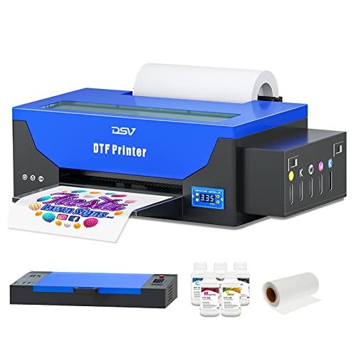 DSV L1800 DTF Transfer Printer with Roll Feeder Built-in White Ink Circulation System A3 DTF Printer for DIY Print Dark and Light Fabrics (DTF Printer +Oven+ 5 x 250ml Ink+100m PET Film)