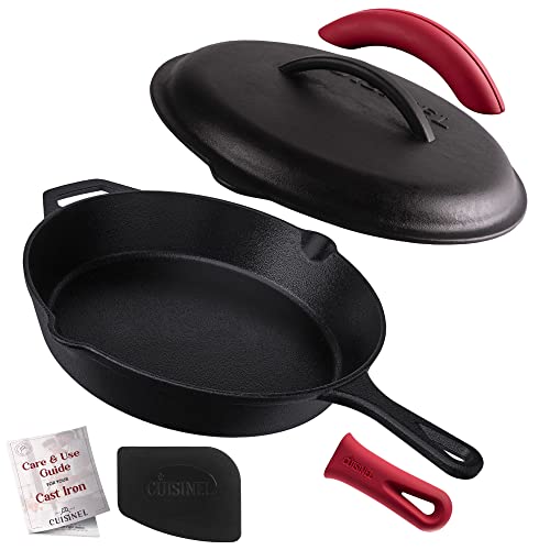 Cast Iron Skillet with Lid - 12"-inch Pre-Seasoned Covered Frying Pan Set + Silicone Handle & Lid Holders + Scraper/Cleaner - Indoor/Outdoor, Oven, Stovetop, Camping Fire, Grill Safe Kitchen Cookware