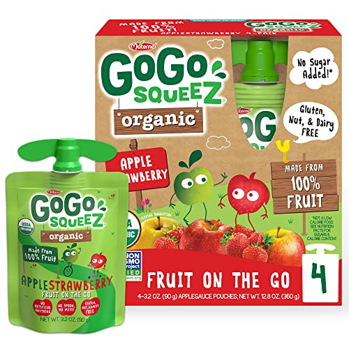 GoGo squeeZ Fruit on the Go Organic, Apple Strawberry, 3.2 oz (Pack of 4), Unsweetened Organic Fruit Snacks for Kids, Gluten Free, Nut Free and Dairy Free, Recloseable Cap, BPA Free Pouches