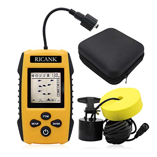 RICANK Portable Fish Finder with Hard Travel EVA Case, Handheld Fish Depth Finder Ice Kayak Shore Boat Fishing Fish Detector Device Sonar Sensor Transducer and LCD Display with Fishfinder Case