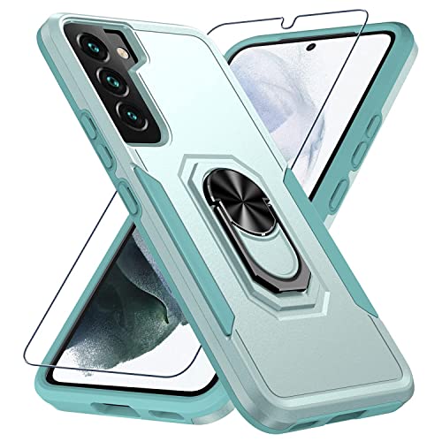 Samsung Galaxy S22 Case with Screen Protector Tempered Glass [Not for S22+] ,Heavy Duty Shockproof Full Body Phone Cover[Dual Layer][Hard PC Back],Built in Finger Ring Stable Kickstand,2022 Mint Green