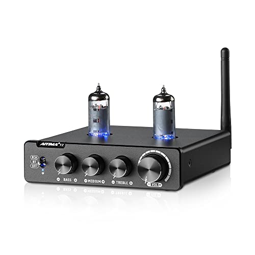 Upgrade AIYIMA T2 6K4 Tube Preamplifier Bluetooth 5.0 with Treble & Bass Control HiFi Audio Preamp for Home Audio Amplifier System with DC12V Power Adapter