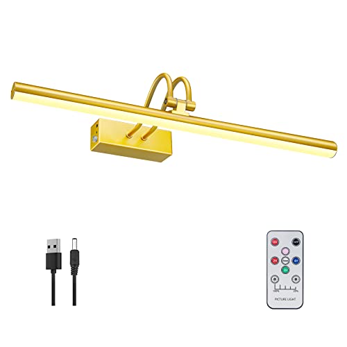 HEAGEERO Picture Light, Battery Operated Picture Light with Remote Control, Wireless Picture Lights for Wall Paintings with Timer and Dimmable, 16" Art Light for Paintings, Frame, Photos-Gold.