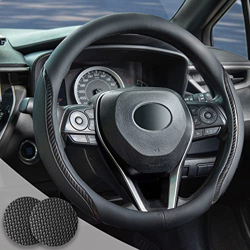 Muamos Car Steering Wheel Cover Black, 14-14.5 inch Steering Wheel Covers with Coasters Microfiber Leather Carbon Fiber Breathable Anti-Slip Durable Universal Auto Steering Wheel Protective