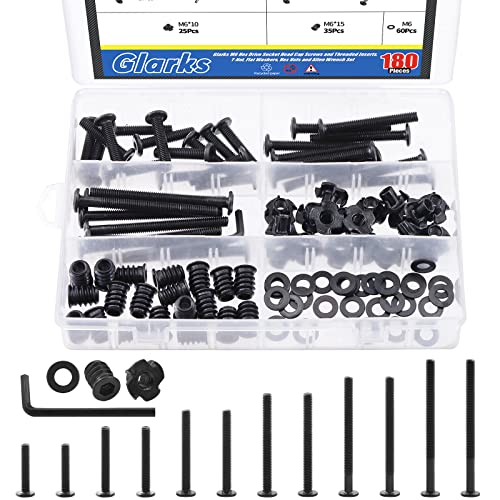 Glarks 181Pcs M6x30/40/50/60/70/80mm Black Baby Bed Crib Screws Assortment Kit Hex Socket Cap Bolts with T-Nuts, Flat Washers, Threaded Inserts and Allen Wrench for Wood Furniture Hardware